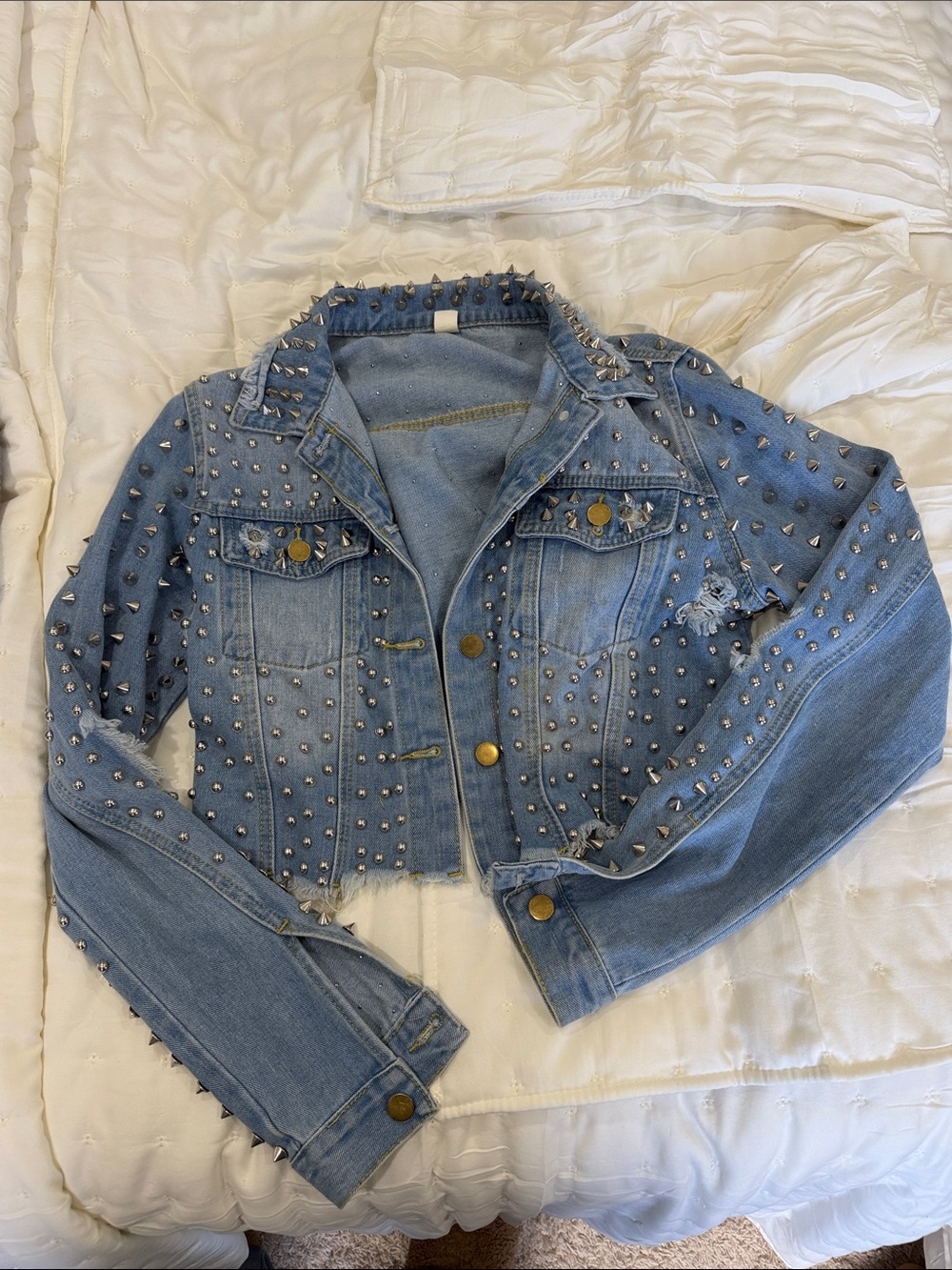 Studded Light Blue Denim Jacket - Women's Cropped Trucker